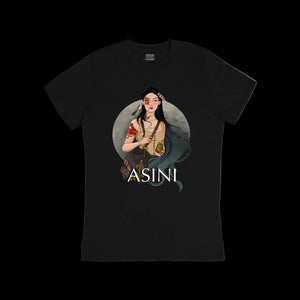 Black t-shirt with a graphic design of a woman and the word 'ASINI' on a white background