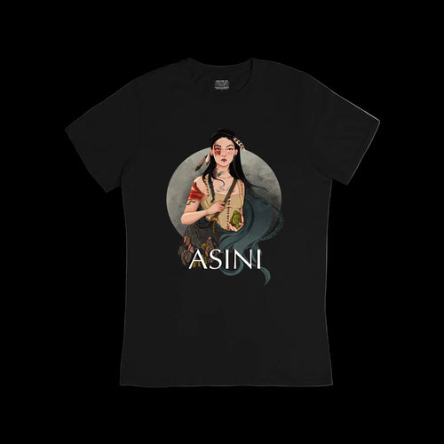 Black t-shirt with a graphic design of a woman and the word 'ASINI' on a white background