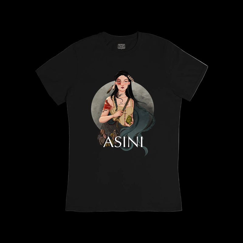Black t-shirt with a graphic design of a woman and the word 'ASINI' on a white background